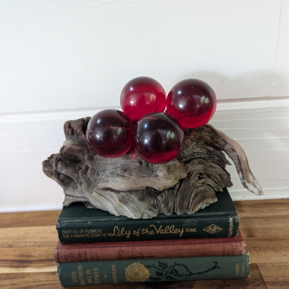 Vintage Red Lucite Grapes On Wood